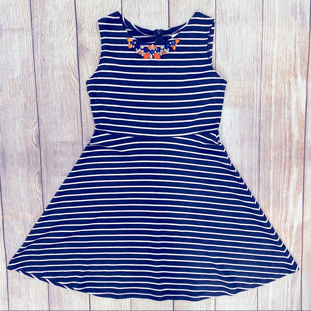 Girls Navy & Orange Jeweled Collar Skater Dress 🍊